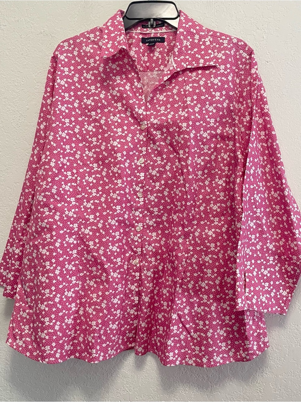 Lands' End 24W womens blouse pink floral ditsy 3/4 sleeves collared button front